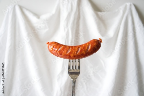 Fototapeta Naklejka Na Ścianę i Meble -  Grilled Sausage on Fork Against White Backdrop