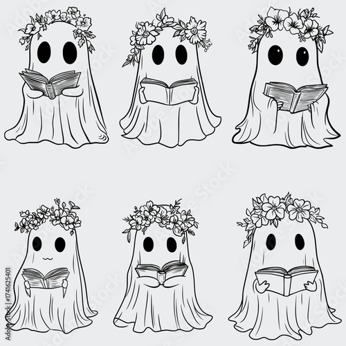 Halloween Floral ghost Read Book Line Art SVG Bundle, Ghost SVG, Halloween SVG, Silhouette, Vector, Cutting File For Cricut, Books SVG, Ghost Reading Book SVG