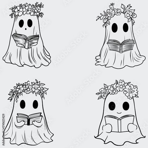 Halloween Floral ghost Read Book Line Art SVG Bundle, Ghost SVG, Halloween SVG, Silhouette, Vector, Cutting File For Cricut, Books SVG, Ghost Reading Book SVG