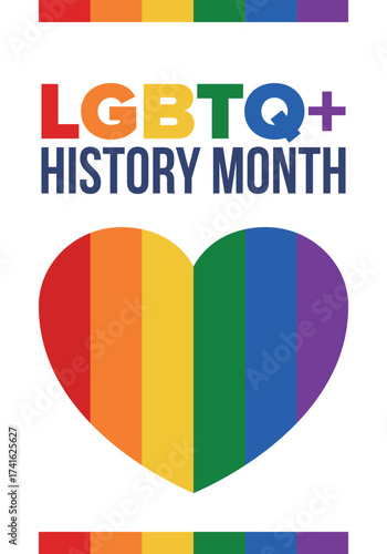 LGBTQ+ history month. Pride Month. Lesbian Gay Bisexual Transgender. Celebrated annual. LGBT flag. Rainbow love concept. Human rights and tolerance. Poster, card, banner and background. Vector