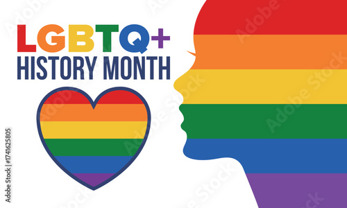 LGBTQ+ history month. Pride Month. Lesbian Gay Bisexual Transgender. Celebrated annual. LGBT flag. Rainbow love concept. Human rights and tolerance. Poster, card, banner and background. Vector