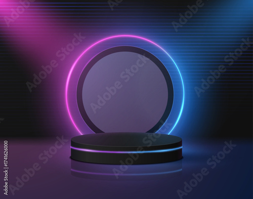 Vector neon round podium with a glass dark background.