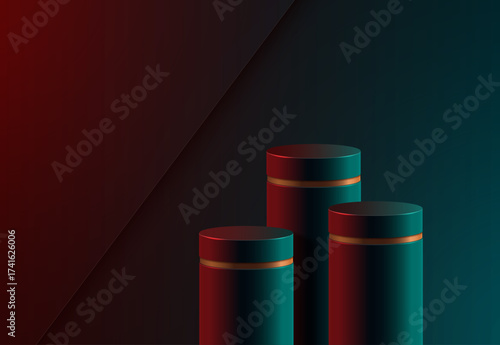 A cylindrical, minimalist set of stylish podiums with gold embellishments. A luxurious dark showcase, a mockup of a pedestal for presenting a product or cosmetics.