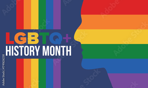 LGBTQ+ history month. Pride Month. Lesbian Gay Bisexual Transgender. Celebrated annual. LGBT flag. Rainbow love concept. Human rights and tolerance. Poster, card, banner and background. Vector