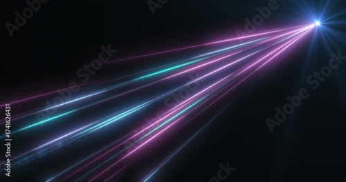 An abstract, dynamic beam of neon lines and particles pierces the darkness, creating a sense of movement and speed. This futuristic background is perfect for technology and data transfer themes.