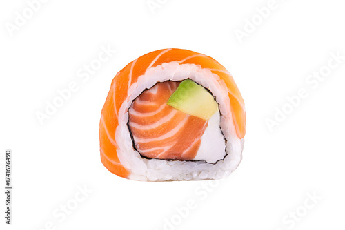 Double salmon philadelphia sushi roll with avocado and cream cheese

Uramaki roll with salmon topping and salmon inside

Classic philadelphia sushi with salmon, avocado and cheese
