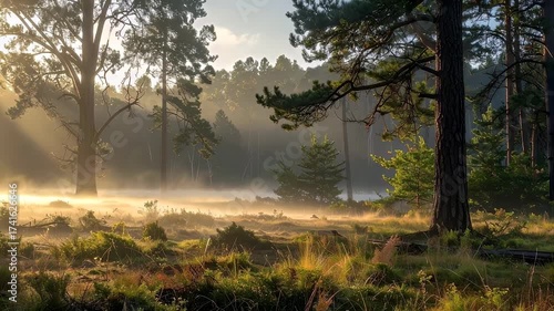 Sunlight filtering through mist in a dense pine forest at dawn