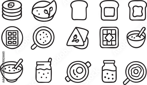 Black and white breakfast food icon set including pancakes bread cereal sandwich egg jar and frying pan