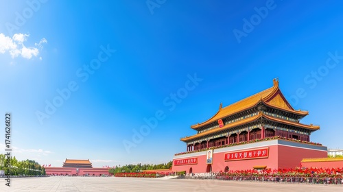 Scenic View of Tiananmen Square and the Gate of Heavenly Peace Under a Clear Blue Sky in Beijing, China