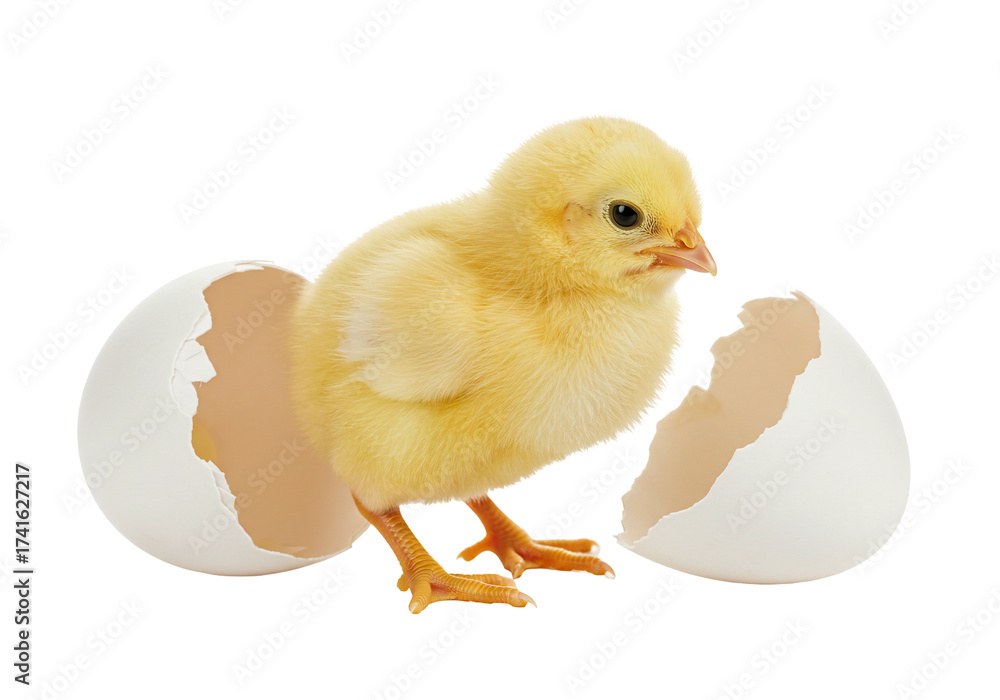 Fototapeta premium Yellow chick emerging from eggshell studio shot