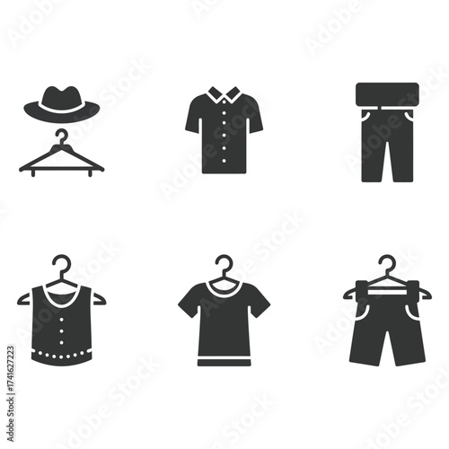 Clothing Icons on Hangers apparel fashion hat shirt pants dress shorts garment style wardrobe clothes vector illustration design symbol