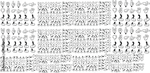 Retro cartoon legs and hands. Vintage hand, foot and f. Hands with gloves and feet with boots, various poses for characters, a set of poses, gestures, placement of hands and feet. Body parts mascot.