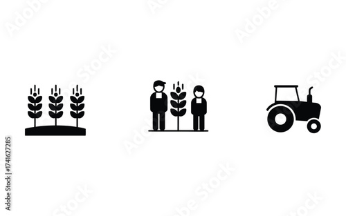Agriculture Icons Set farming wheat crop farmer tractor field harvest rural countryside food grain plant cultivation machinery vehicle