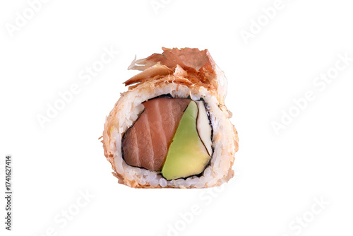 Philadelphia sushi roll with salmon, avocado and bonito flakes topping

Uramaki roll topped with tuna flakes and filled with salmon and cream cheese

Salmon avocado cream cheese sushi roll with katsuo