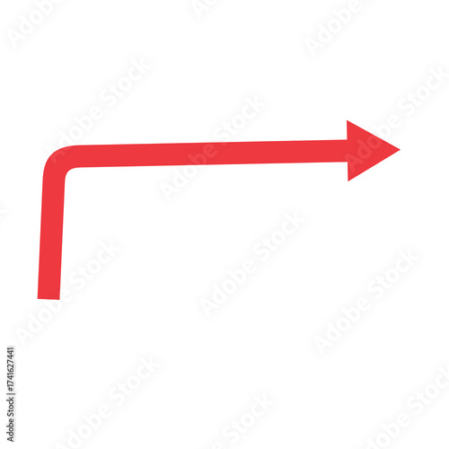 Simple red right angle arrow pointing towards the right over a black background.