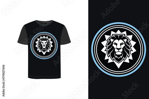 Tshirt mockup t shirt with blue lion head circular badge graphic animal