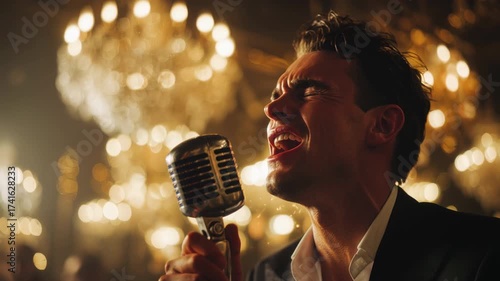 Handsome male singer performing a romantic song with emotion into a retro microphone during a live concert, with elegant sparkling chandeliers creating a beautiful bokeh background