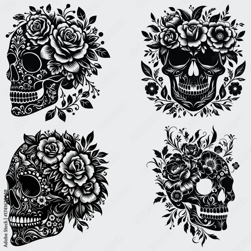 Obraz premium Floral Skull Head Vector SVG Bundle, Skeleton SVG, Skull Head SVG, Floral Skull Head SVG, Silhouette, Vector, Flower, Cutting File For Cricut