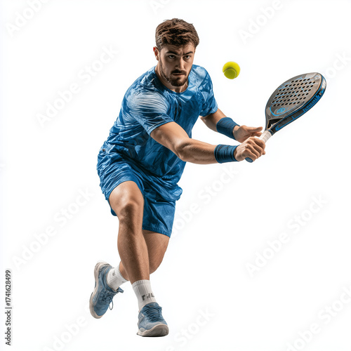 Wallpaper Mural Focused male padel player in blue shirt preparing forehand strike on isolated transparent background Torontodigital.ca