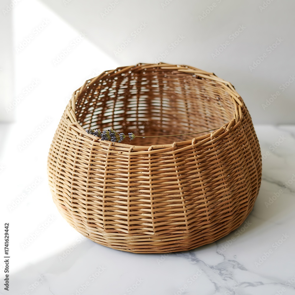 Fototapeta premium Empty Wicker Basket with Light on White Marble Surface