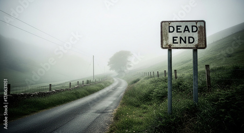 Atmospheric country road disappearing into mist with ominous dead end sign, perfect for conveying uncertainty and challenge in business and life