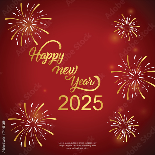 HAPPY NEW YEAR banner with golden text and fireworks