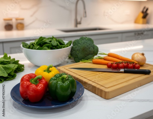 In einer modernen Küche liegt verschiedenes Gemüse auf der Ablage