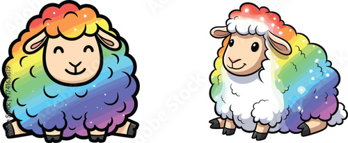 Cute rainbow sheep cartoon illustration, colorful wool animal artwork, funny farm livestock drawing, adorable creative vector design