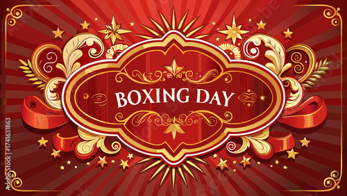 Elegant Boxing Day vector template, ornate decorative frame, vintage border style, festive red background, golden ornaments, central space left blank, perfect seasonal poster, holiday greeting design.