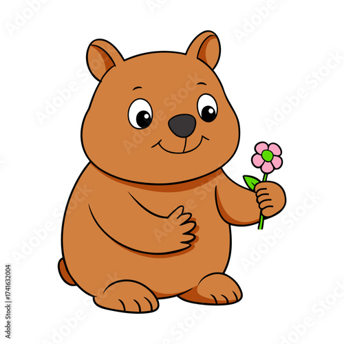 Cute cartoon wombat holding a tiny flower