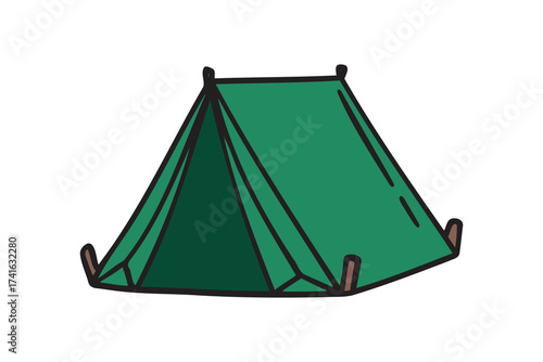 Camping green tent icon doodle hand drawn. colorful cartoon line drawing clipart symbol