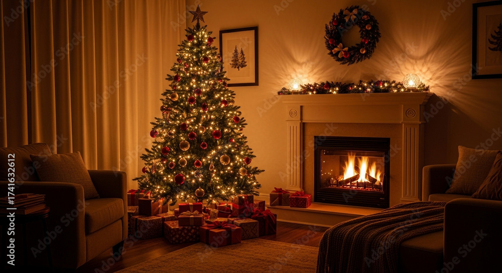 Fototapeta premium Cozy Christmas living room glows with a beautifully decorated tree, crackling fireplace, and warm gifts, creating perfect holiday ambiance for festive celebrations.