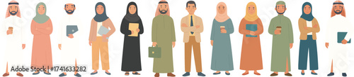 Crisp flat vector lineup of diverse Middle Eastern people in traditional and modern attire, including hijab, abaya, thobe, and business outfits; clean full body characters for education and design.