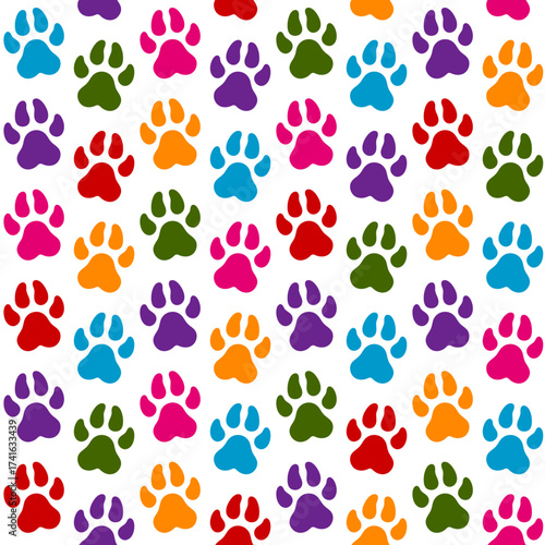 Seamless pattern with animal paw print. Colored vector background on white.