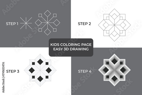Easy 3d drawing tutorial for kids coloring page, 3D Geometric Cube Illusion, Symmetrical Star Pattern, Abstract Depth and Perspective Design, Futuristic 3D Background