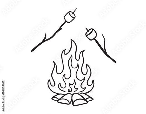Camp marshmallow smore, Roast marshmallows over a campfire icon doodle hand drawn. Outline line drawing clipart symbol