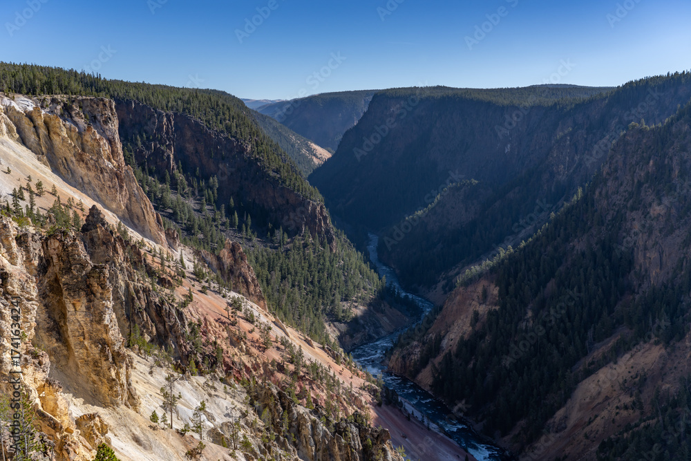 Fototapeta premium Plateau Rhyolite - Upper Basin Member. Grand View, Grand Canyon of the Yellowstone North Rim Drive. Yellowstone National Park , Wyoming. Yellowstone River