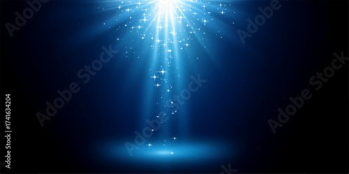Abstract blue background with star light rays and glowing energy burst design for a bright magic night sky shine