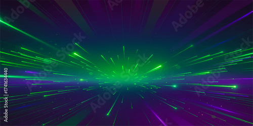 Bright blue abstract space background with glowing laser light rays and starburst effect