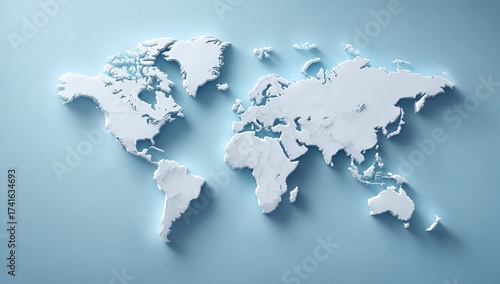 Modern world map in elegant white relief on calming blue background for geography and global business themes