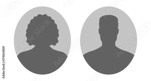 woman and man silhouette avatars or profile gray icon in oval. male and female portraits, anonymous people icons in oval shape