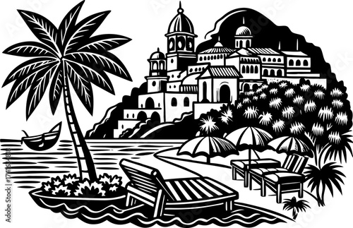 Amalfi coast, Italian town, beach, lounge chair, umbrella, lemon tree, palms, sea wave, island illustration. Summer Mediterranean print