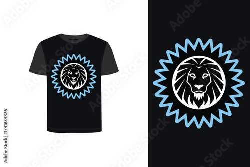 Tshirt mockup t shirt with stylized lion head blue sunburst graphic mane animal