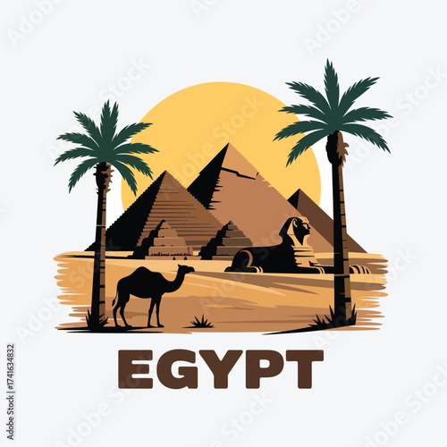 Egypt Travel Illustration Featuring Three Pyramids, Great Sphinx, Camel, Palm Trees, and Radiant Sun, Iconic Desert Scene for Cultural Heritage, Tourism, History, and Destination-Themed Visual.