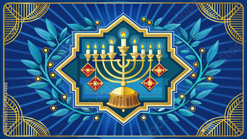 Elegant Hanukkah vector card, ornate border with menorah ornaments, decorative vintage frame, festive blue background, golden accents, central space blank, perfect seasonal poster design for holiday 