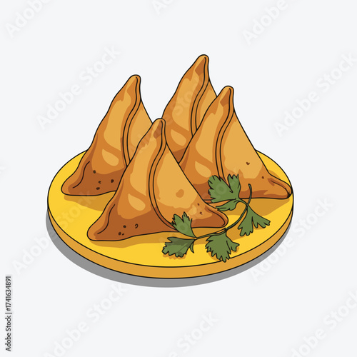 South Asian Samosa Plate Illustration Featuring Four Golden-Brown Triangular Snacks with Cilantro Garnish on Yellow Dish, Crispy Fried Appetizer Visual for Culinary, Traditional.