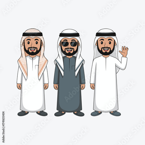 Cartoon Illustration of Three Men in Traditional Middle Eastern Attire Featuring Thobes, Keffiyehs, Ghutras, and Agals, Cultural Character Design Highlighting Heritage, Fashion.