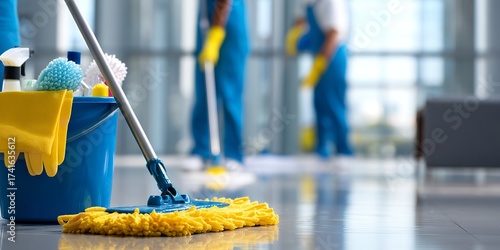Professional cleaning service in action with vibrant mop and bucket ensuring spotless commercial spaces