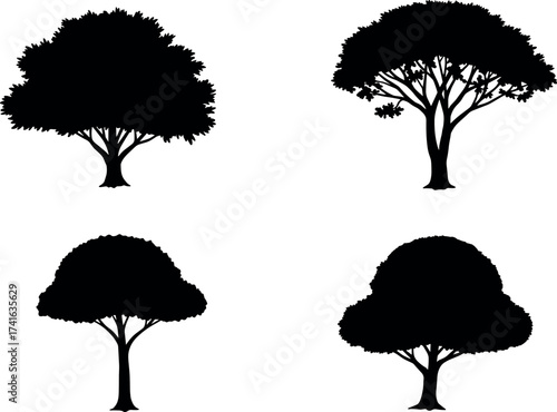 Set of four black tree silhouettes with diverse canopy shapes and trunk styles isolated on white background for nature design concepts