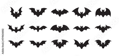 Halloween black bat isolated silhouettes holiday horror, vector cartoon icons. Flying vampire bat silhouettes for Halloween and trick or treat party scary and spooky decoration